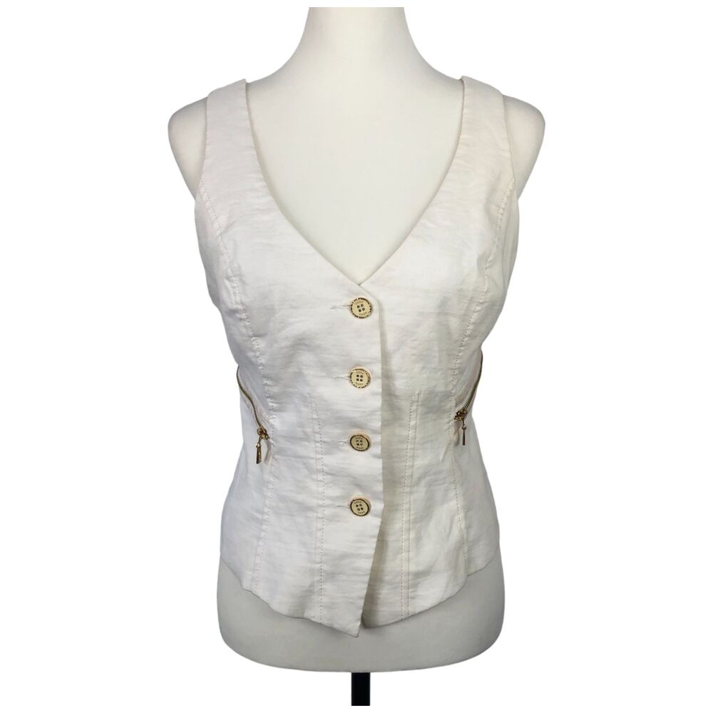 BEBE White Cotton Zipper Cropped Strappy Vest Top with Zipper Detail Sz M